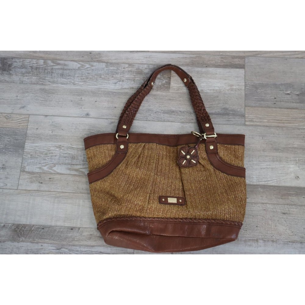 Etienne Aigner large straw rattan purse with braided leather strap